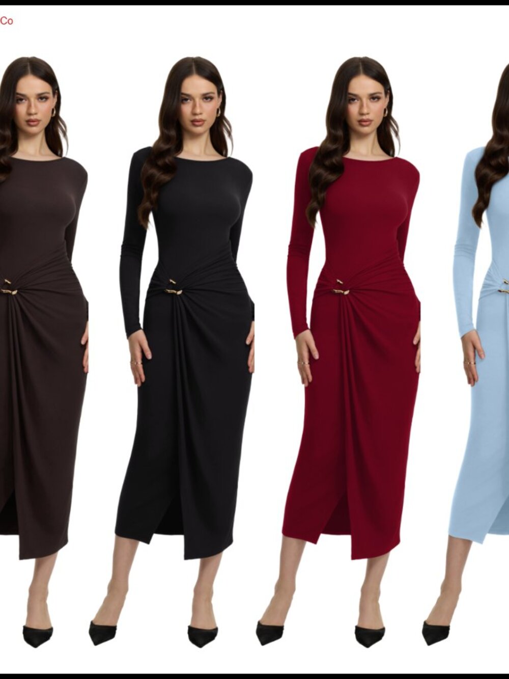 Long Sleeve Boat Neck Ruched Bodycon Midi Dress Cocktail Party - Picture 6 of 6
